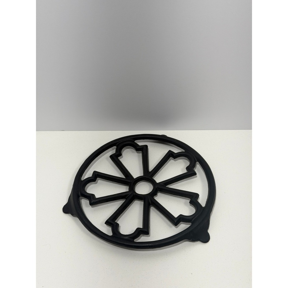 Decotec France Cast Iron Trivet Black Round Openwork Floral Pot Stand 8 inch